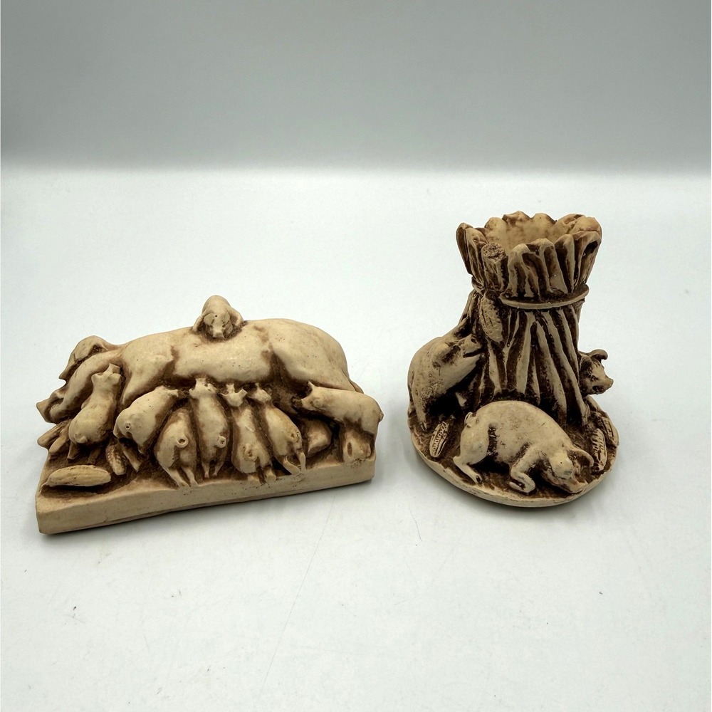 Marble Works Handcrafted Collectibles Pig Sow Nursing Piglets Figurine Set 2pc